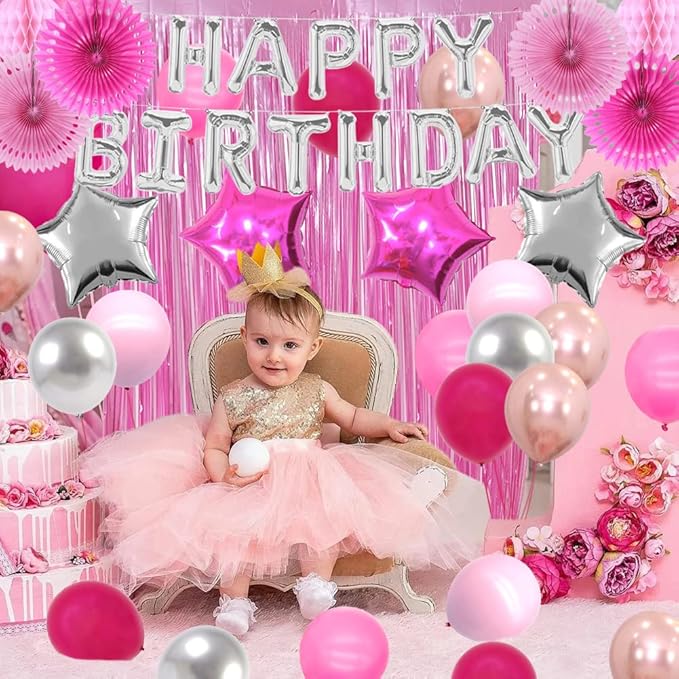 Pink Birthday Decorations Hot Pink Party Supplies Silver Happy