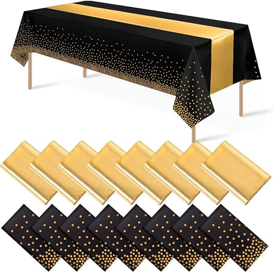 16Pack Disposable Plastic Tablecloths and Satin Table Runner Set Black