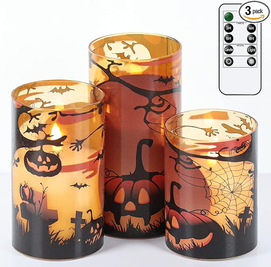 Halloween Flameless Candles with Remote Pumpkin Spider Web Decal