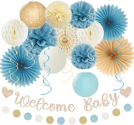 Light Dusty Blue Boho Baby Shower Party Decorations 21pcs Beige