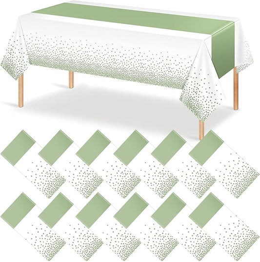 12Pcs White and Sage Green Tablecloth Decorations,Plastic White Table
