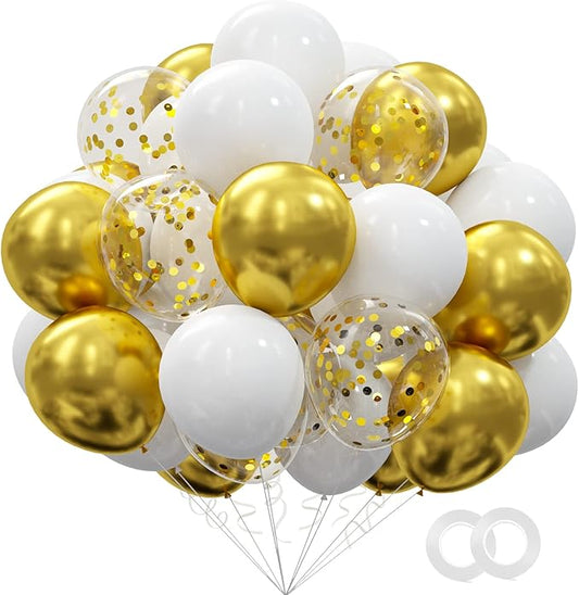 62pcs Gold White Balloons Kit - 12 Inches Gold White Confetti Party