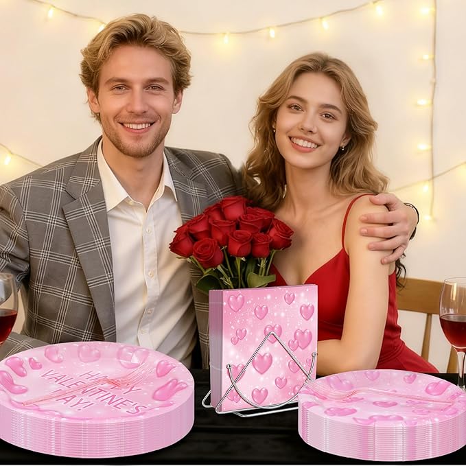 96 Pieces Valentine's Day Tableware Set Pink Heart Disposable Plates