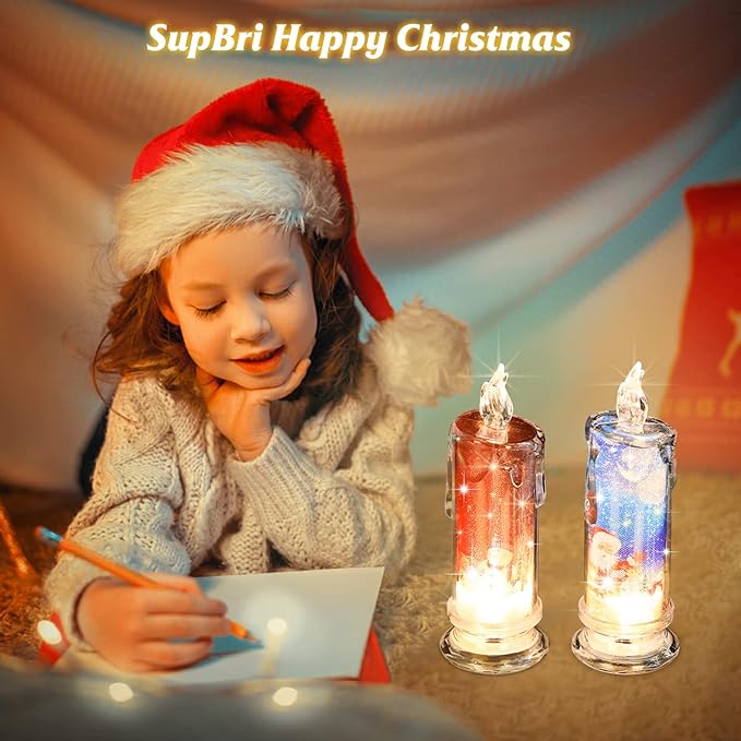 Flameless LED Candles Set of 4 with Santa Claus Snowman Decals