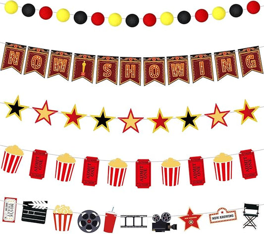 5 Pcs Movie Night Party Decorations Now Showing Banner Hanging Movie