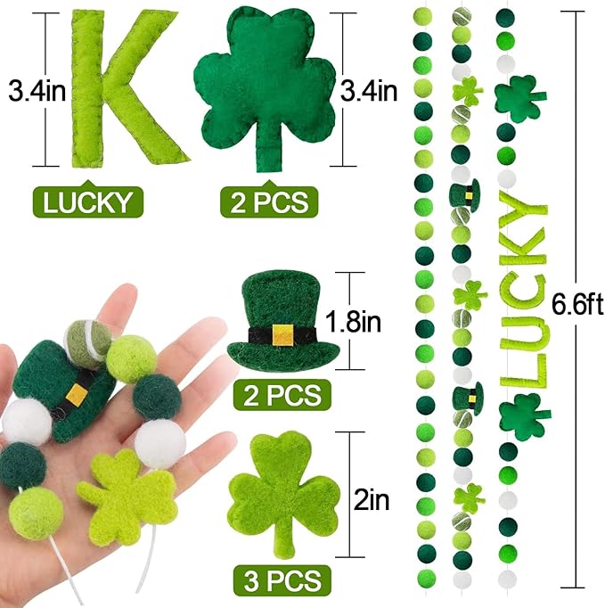 3 Pack Felt St Patrick's Day Decorations Garland 6.6 FT Lucky Pom