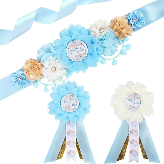 Boho Baby Shower Maternity Sash Kit - Blue Neutral Baby Shower Belly