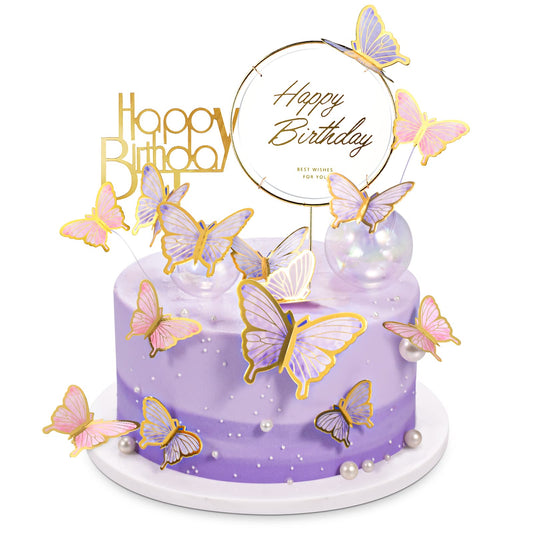 LANGPA 22-Pieces Butterfly Cake Decorations With Happy Birthday Purple