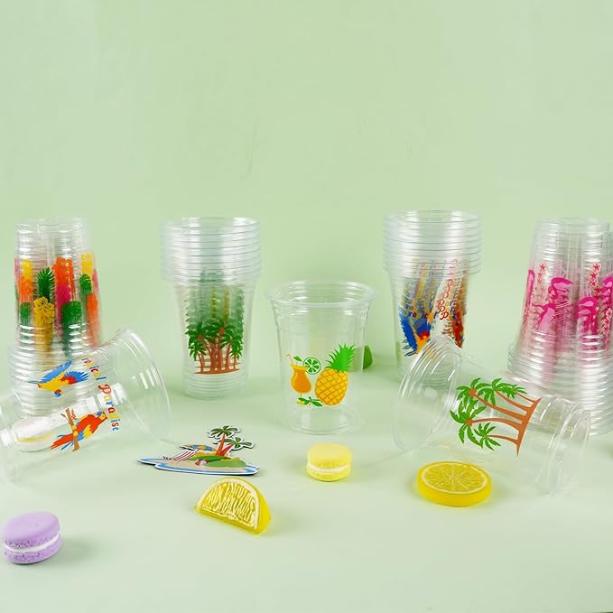 50Pcs Luau Party Decoration Cups 16 OZ Disposable Plastic Drinking