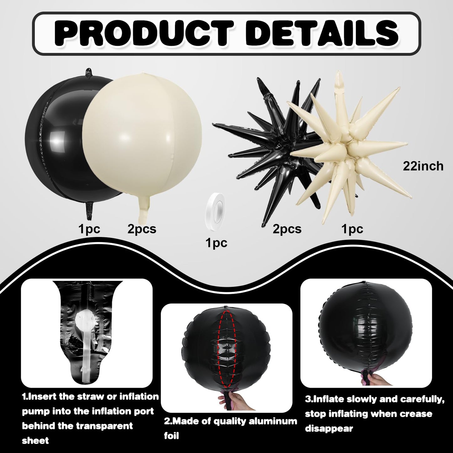 6Pcs Black White Foil Balloons,22Inch Sand White Black 4D Round Ball