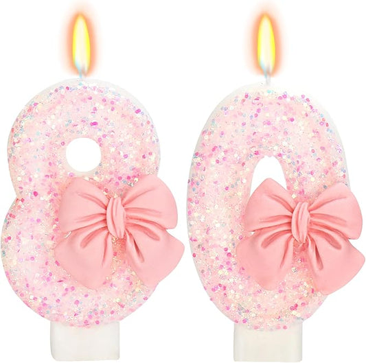 80th Birthday Candles for Cake, Pink Bow Number Cake Candles, 2.76