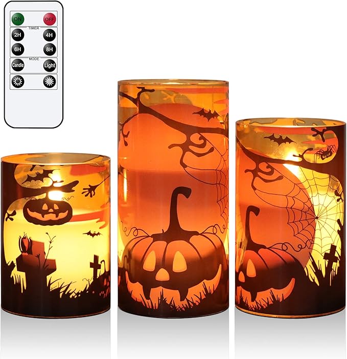 Halloween Flameless Candles with Remote Pumpkin Spider Web Decal and