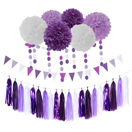 Purple White Lavender Party-Decorations Streamers - 28pcs Tissue Pom
