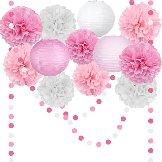 14 Pcs Pink Party Decorations Kit - Tissue Pom Poms, Lanterns & Polka