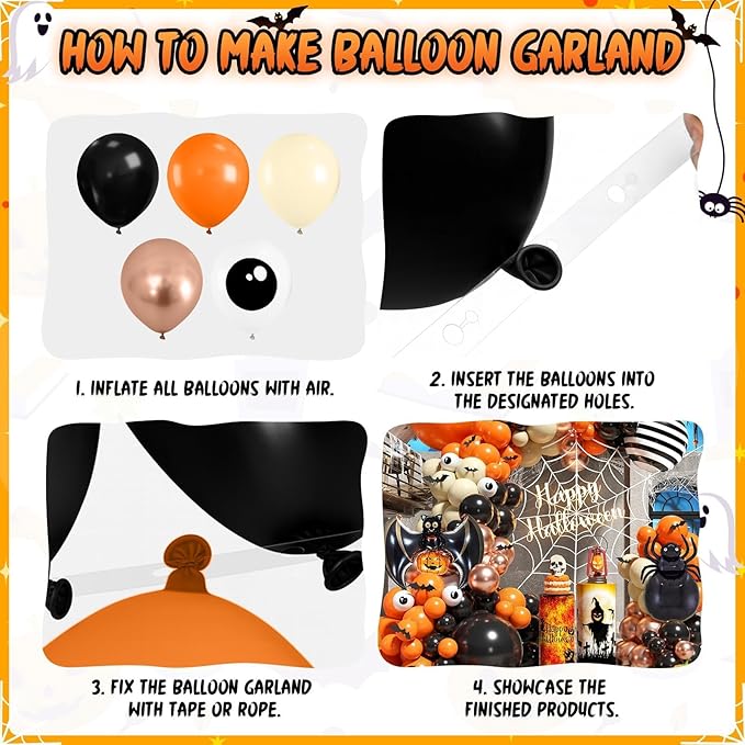 120 Pcs Halloween Orange and Black Balloon Arch Spider Bat Pumpkin