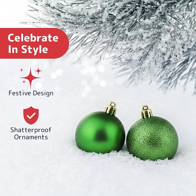 Prextex 36-Pieces Green Christmas Ornaments Set - Shatterproof,