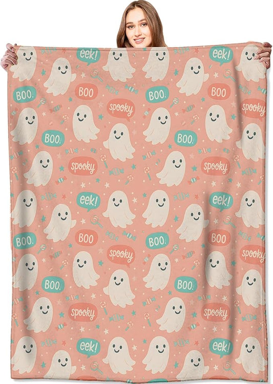 Cute Pink Ghost Blanket Halloween Fall Holiday Decor Gothic Candy