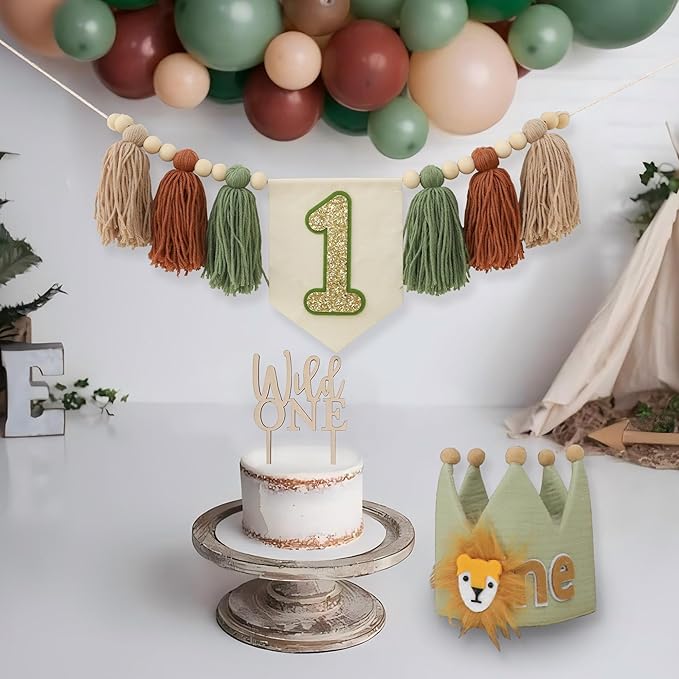 Wild One 1st Highchair Wood Bead Tassel Garland Lion Crown Hat