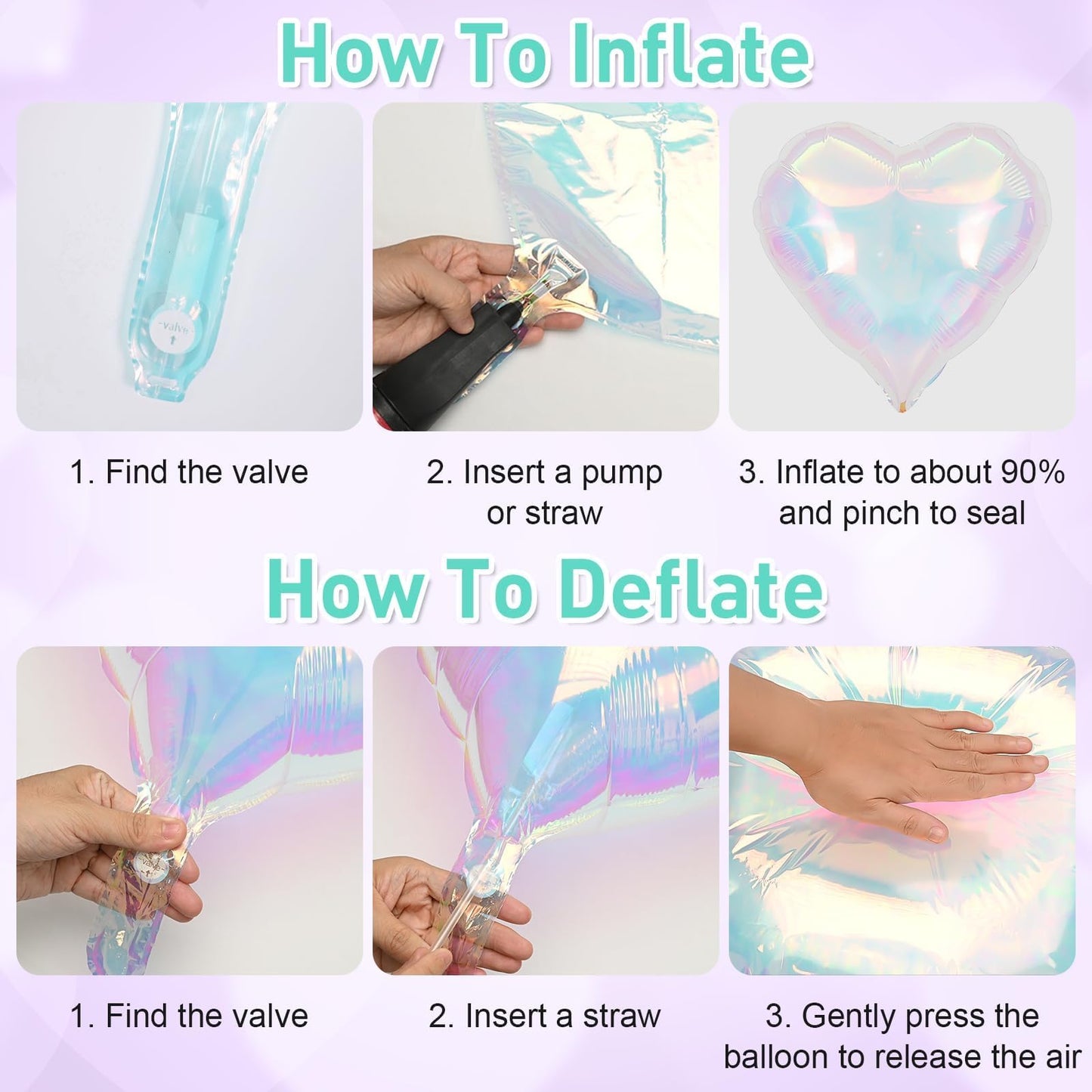 Iridescent Heart Balloons, 18Inch Transparent Heart Foil Balloons