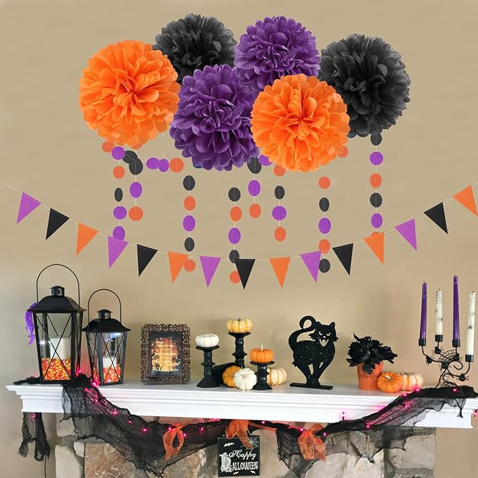 Black Purple Orange Halloween Party Decorations 23pcs Tissue Pom
