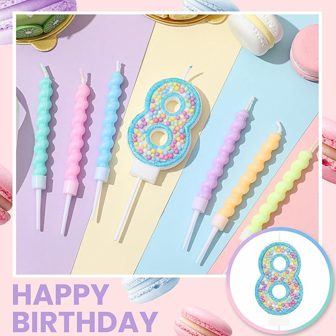 MTLEE Number 8 Birthday Candle with 12 Pcs Spiral Candles for Girls #3