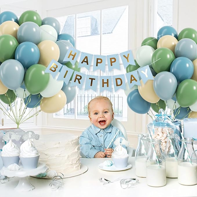 60pcs Blue and Green Balloons - Sage, Dusty Blue, Pastel Green, Nude