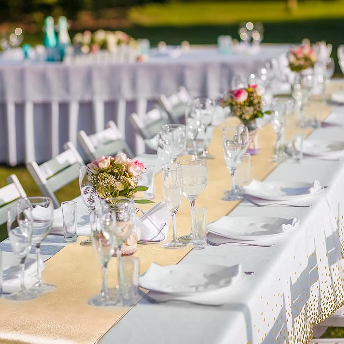 Breling 8 Pack White and Gold Disposable Plastic Tablecloths and