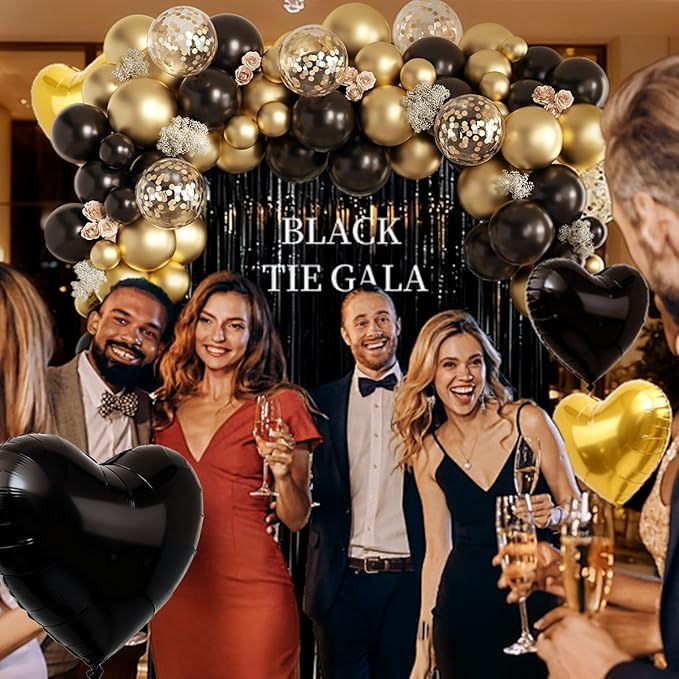 157Pcs Black and Gold Balloons Garland Arch Kit with Fringe Curtain