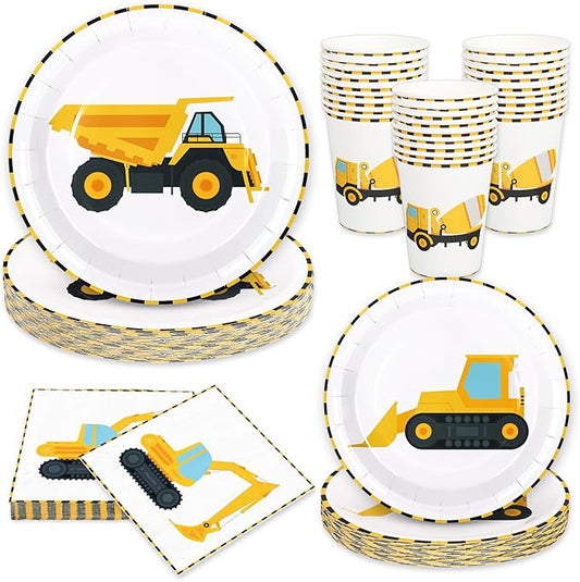 96Pcs Construction Party Tableware Dump Truck Paper Plate Napkin Cup