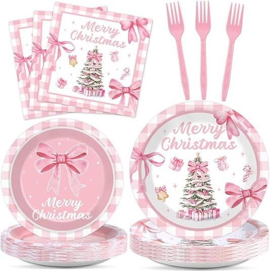 96Pcs Pink Christmas Tree Party Decorations Pink Bow Plates and