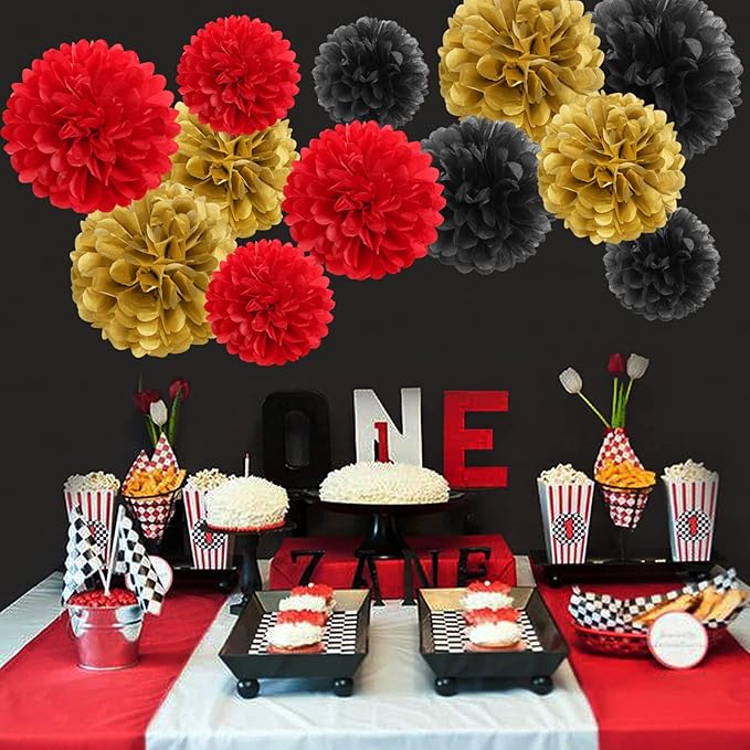 Red Black Gold Party Decorations Tissue Pom Poms 12pcs Game Night