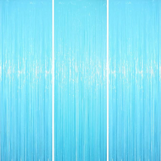Voircoloria 3 Pack 3.3 x 8.2 ft Pastel Blue Foil Fringe Backdrop