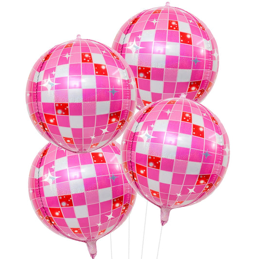 Disco Ball Balloons Pink 4PC,Foil Disco Balloons 22 Inch 4D Round Pink