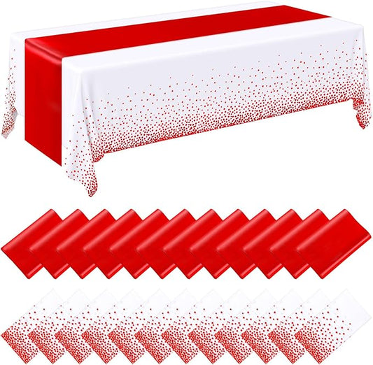 Breling 24 Pack White and Red Disposable Plastic Tablecloths and