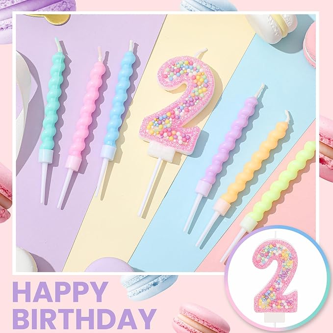 Birthday Candle Macaron Glitter 3D Number Candle with 12 Pcs