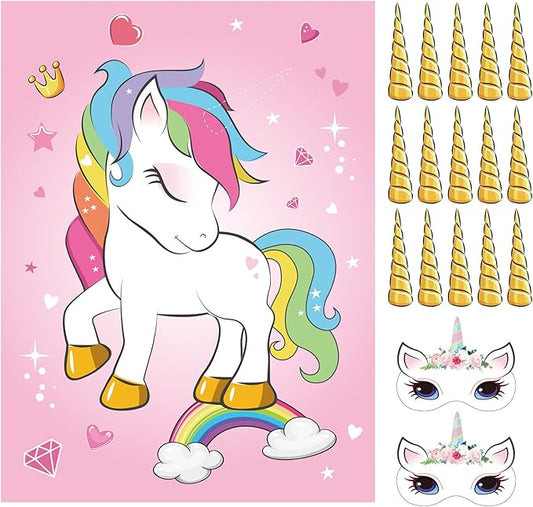 ASTARON Pin The Horn on The Unicorn Birthday Party Game with 30 Horns