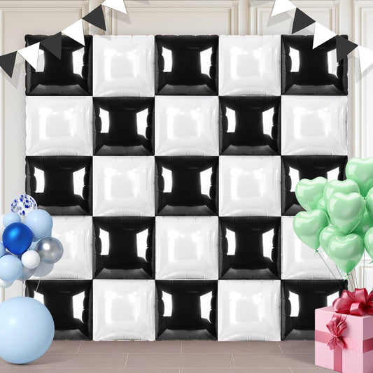 Black and White Square Foil Balloons 25 Pcs Metallic Black and White