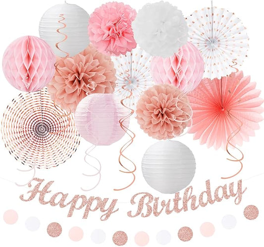 Pink White Rose Gold Birthday Party Decorations 21pcs Happy Banner