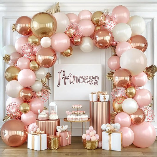 Rose Gold Pink Balloon Arch Kit, Double Stuffed Pearl White Rose Gold