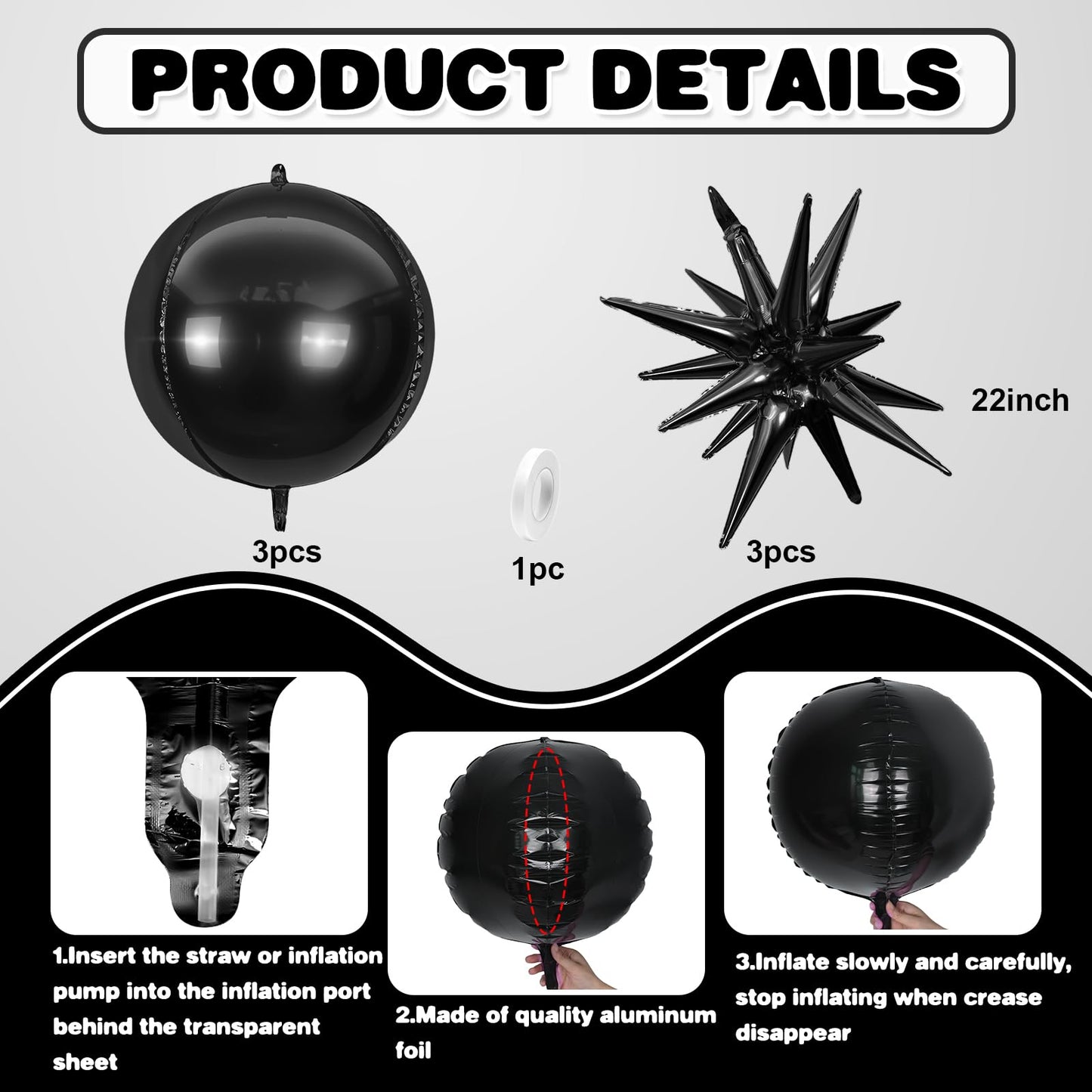 6Pcs Black Foil Balloons,22Inch Black 4D Round Ball Balloon and