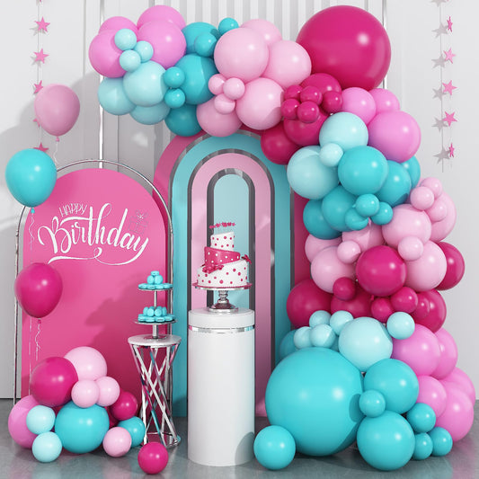Hot Pink and Teal Blue Balloon Arch Garland Kit, Rose Red Teal Blue