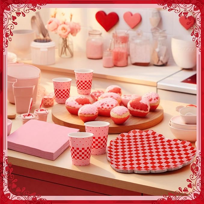 96 Pcs Valentine's Day Party Supplies Set for 24 Guests Red Checked