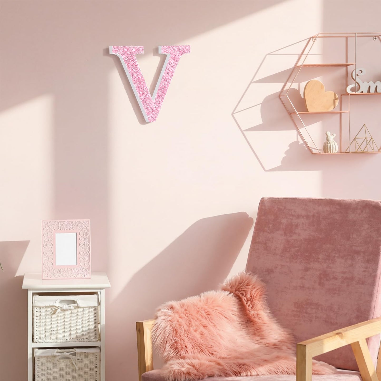 Qunclay Pink Crystal Diamond Letter Wall Decor, Glitter Wooden Bling
