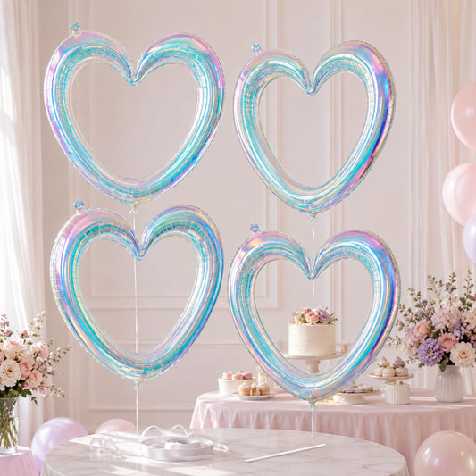 Iridescent Hollow Heart Balloons, 4 Pcs 40 Inch Clear Rainbow