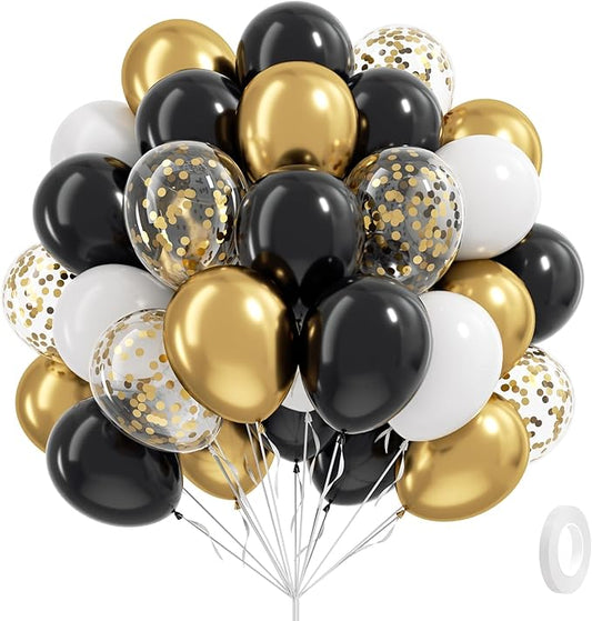 Black White and Gold balloons, 60pcs 12inch Black White Metallic Gold
