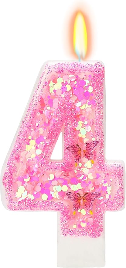 Pink Birthday Candles - Number 4 Candle for Birthday Girl, Butterfly