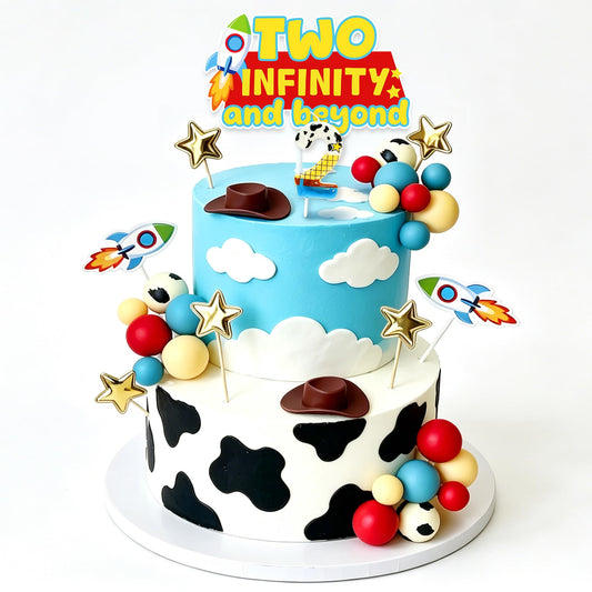 Two Infinity and Beyond Cartoon Story Cake Toppers Set - Space Cowboy