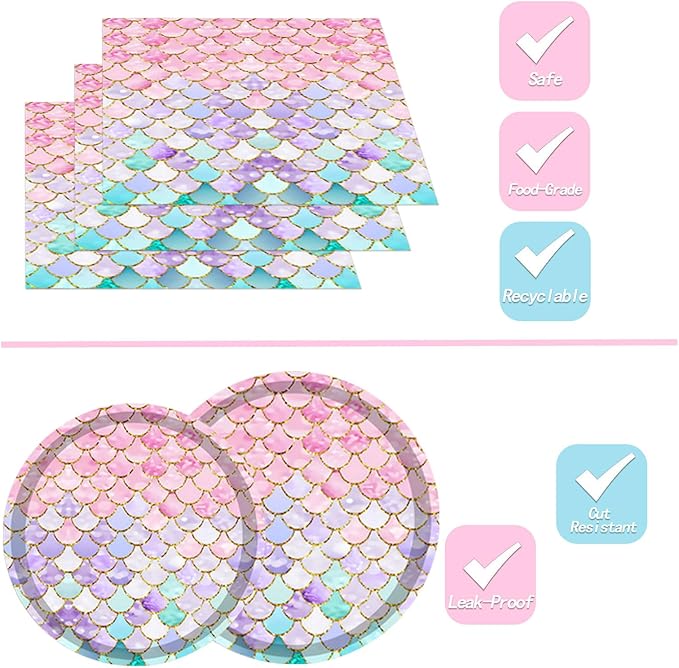144PCS Mermaid Party Tableware Set Mermaid Birthday Party Supplies