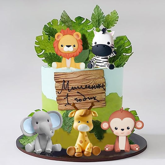 Jungle Safari Animal Cake Topper with Lion Giraffe Monkey Elephant
