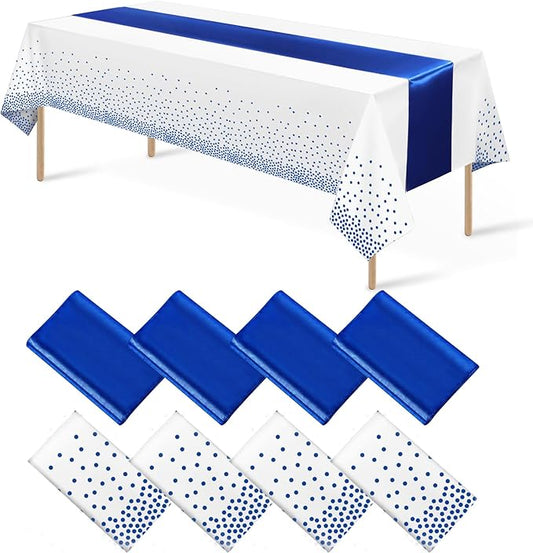 8Pack Disposable Plastic Tablecloths and Satin Table Runner White and